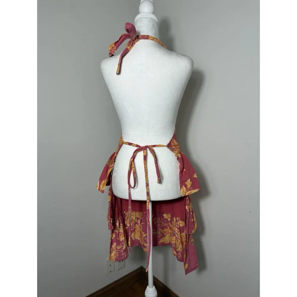 April Cornell Tiered Ruffle Kitchen Apron Red Floral One Size 100% Cotton Tie